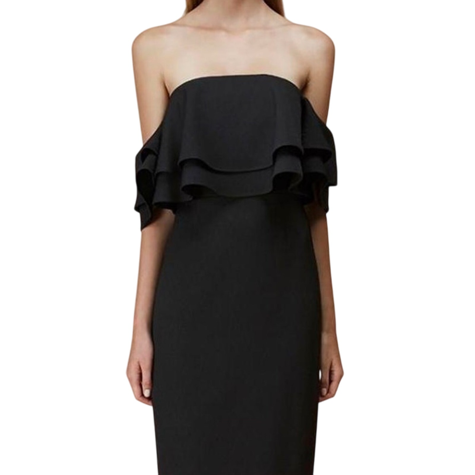 Keepsake Black Sleeveless Off Shoulder Ruffle Black Midi Cocktail Dress Medium